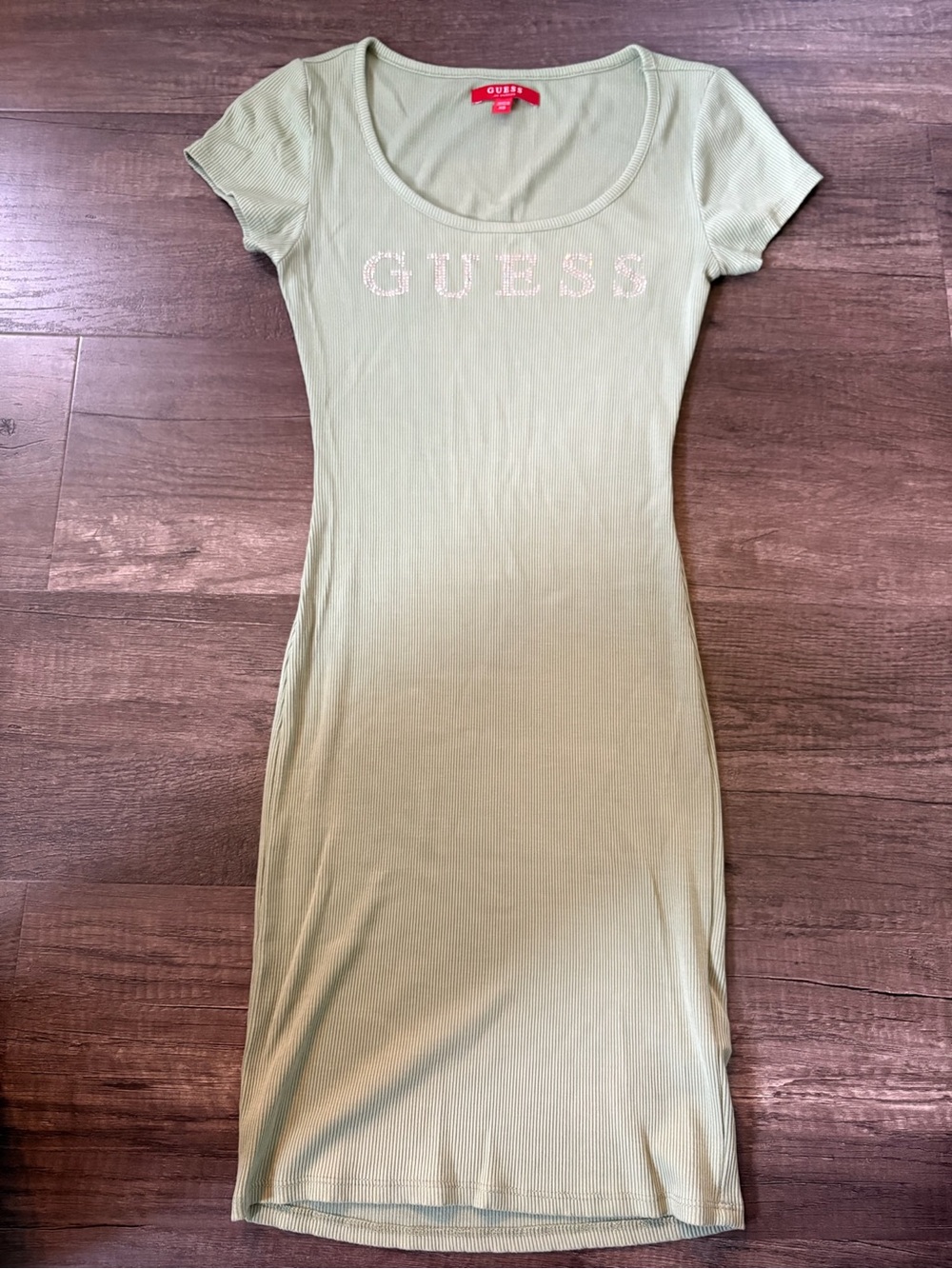 Y2K GUESS Sage Green Ribbed Logo Bodycon Dress